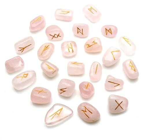 KULIA Set di Rune di Cristallo con Alfabeto da 25 Pezzi Pietre Burattate Curative Feng Shui Quarzo Rosa Pietre Reiki Decorazioni Natalizie Intagliate a Mano Bilanciamento dei Chakra Simboli Reiki Set
