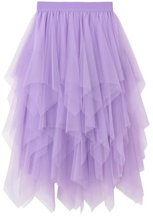 JEROZIYANT Women's Tulle Layered Underskirt Ballet Tutu Prom Party Pleated Dress A-line Midi High Waisted Skirt (Polyester, Purple)