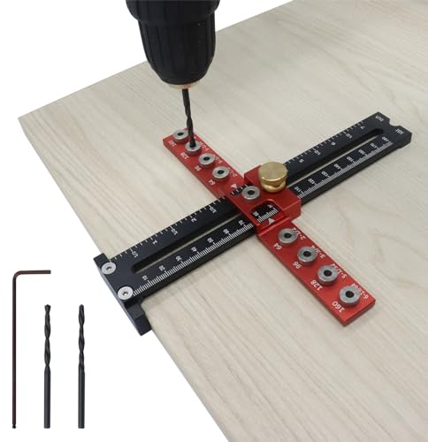 SWTHM Cabinet Hardware Jig, Adjustable Aluminum Alloy Cabinet Handle Jig Drill Template Guide Tool with 64/96/128/160mm Hole Distance for Handles Knobs Pulls 4mm Drilling Hole (Red)