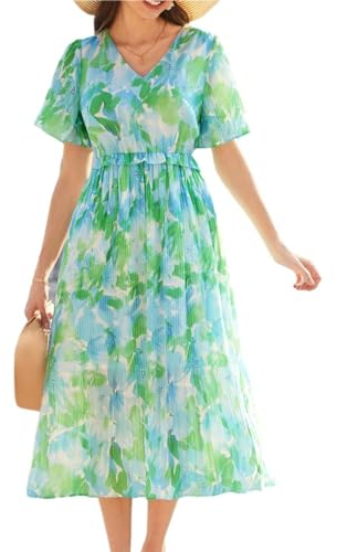 GRACE KARIN Damen Midi Plissierte Sommerkleid Rustikaler Stil Blumenkleid V-Ausschnitt Rüschen Kurzarm Freizeitkleid Hochzeit Strand Grün M