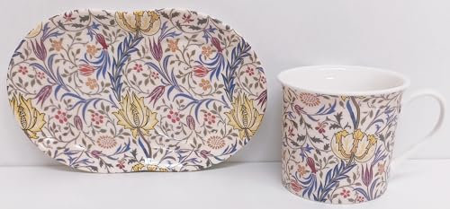 William Morris Flora TV Tray Bone China Art Nouveau Seamless Flowers Mug 250 ml 8 fl oz and Tray Hand Decorated UK