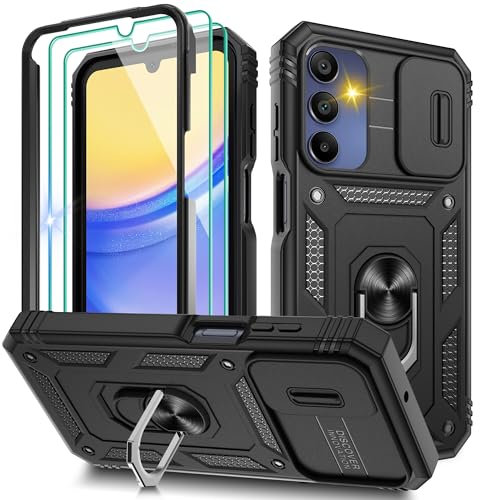 Pilaru 3 in 1 for Samsung A15 Phone Case | With Front Frame | [Separate] 2 Screen Protector & Kickstand Ring & Camera Cover Military Grade Drop Shockproof Protection for Galaxy A15,Black