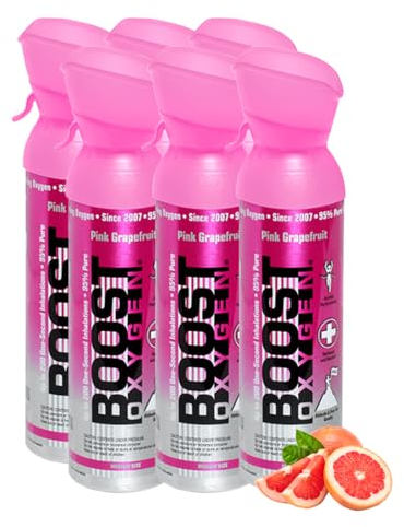 Boost Oxygen Sauerstofflasche für Unterwegs mit 95% Sauerstoff - 30L, 6x5L Sauerstoffdose mit Sauerstoffmaske für mehr als 600 Inhalationen - mobiler Sauerstoff Inhalator (Rosa Grapefruit Geschmack)