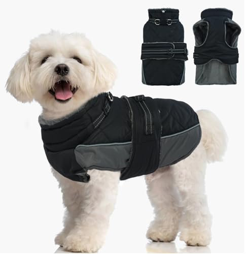Katzinst Mantel Hund Hundejacke, Hundemantel mit Geschirr und Reflektierenden Streifen, Fleece Hundemantel für Kleine Hunde, Warmer Mantel für Hund Zwergschnauzer, Schwarz，S