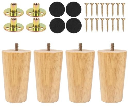 Luabue 4 Pack Wooden Sofa Legs 10cm Bed Cabinet Ottoman Legs, Solid Rubber Wood Straight Cone Furniture Legs Feet Replacement with Non-Slip Rubber Protection Pad & Screws