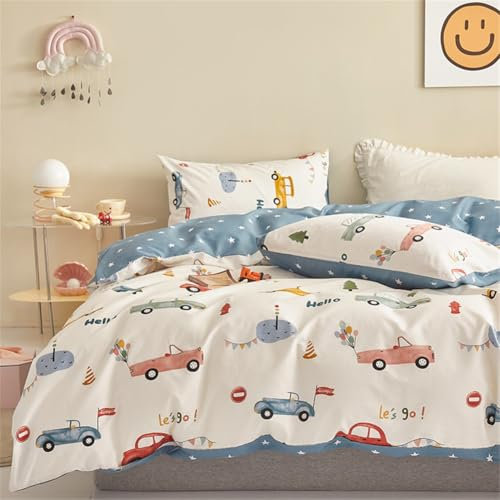 Freyamy Kleinkinder-Bettwäsche-Set 135x200,Cartoon Kinderbettwäsche für Mädchen Jungen,Autos Wendemotiv,Reißverschluss Sichern,Baby Bettbezug 135 x 200 cm mit Kopfkissenbezug 80 x 80 cm - Cars