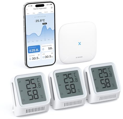 X-sense WLAN Thermometer Hygrometer Innen, Mini Raumthermometer mit X-Sense App, Angepasster Komfortbereich, Thermo-Hygro-Datenlogger, kompatibel mit Alexa, 3 Sensoren und 1 Basisstation SBS50