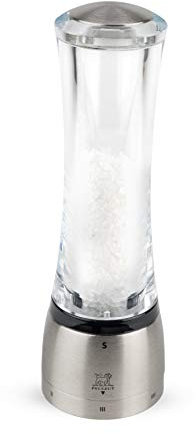 PEUGEOT - Salzmühle Daman u‘Select 21 cm - 6 voreingestellte Mahlgrade - Innovatives Zirlion-Mahlwerk für pulverfeines Salz - Aus Edelstahl und Acryl - Französisches Know-how