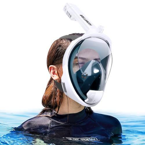HINATAA Vollgesichts schnorchelmaske, 180° Doppel schwimmkugel Tauchermaske, Anti-Fog Lecksichere Tauchmaske,Taucherbrille mit Kamerahalterung,Snorkeling Mask Erwachsene Kinder (Weiß, S/M)