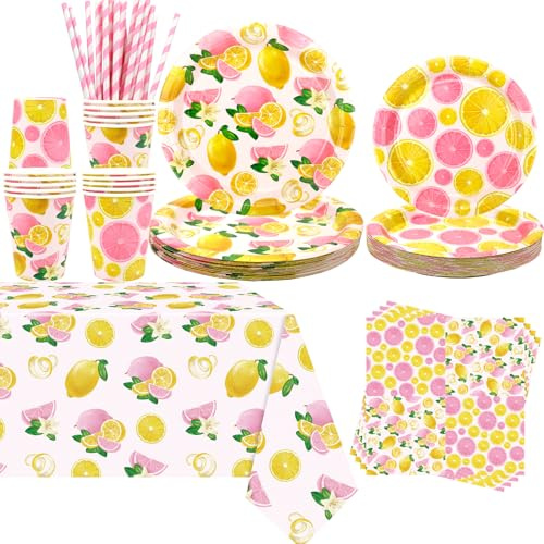 Obussgar Pink Lemon Party Decoration - Lemon Birthday Party Tableware Supplies Includes Plates, Cups, Napkins, Tablecloth, Straws - Serves 20 (Pink)