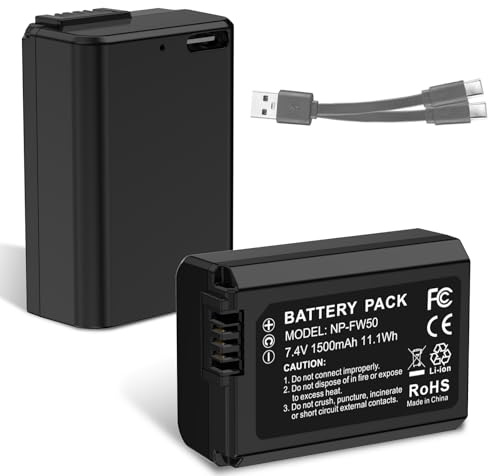 1500mAh NP-FW50 Battery (2-Pack), 2025 Newly Revised High Performance Ultra-High Capacity Li-Ion Replacement Batteries with USB-C Charging Cable (NP-FW50, 2PCs, A)
