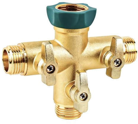 Mdlufee Brass Garden Hose Splitter, 3 Way High Flow Outdoor Faucet Splitter, 3/4 inch Tap Connector with On/Off Valves, Frost Resistant Full Flow Hose Adapter for Home Garden Outdoor