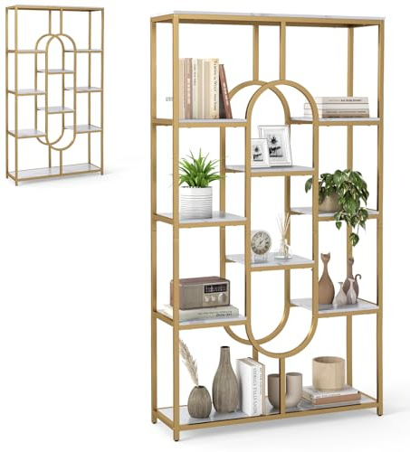 HOMASIS Libreria a Multi Livelli in Legno a Forma di Mezzaluna, Mensola da Parete con Ripiani Aperti, Scaffale Contenitore per Soggiorno, Ufficio (Bianco, Modello 2, 95 x 30 x 175 cm)