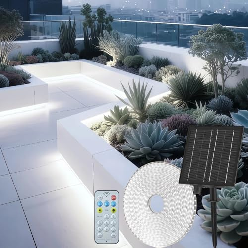 Gaoxun Tira LED Exterior Solar 15m, Flexible Luces Exterior Adhesiva con Control Remoto, Regulable, 8 Modos, IP68 Impermeable, 15 Metros 960 LED Lámparas Solares para Jardín, Café, Blanco Frío