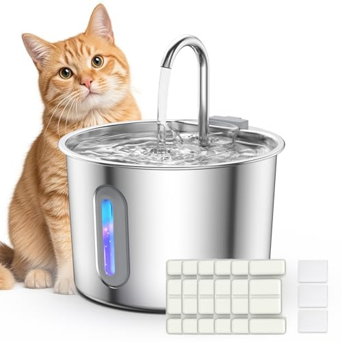 Fuente para Gatos Acero INOX: 3.2L Bebedero Gatos con Ventana de Nivel de Agua, Bebedero Perros Acero Inoxidable con Cable Filtración Cuádruple, Ultra Silencioso (2.2L+6 Filtros+3 Esponjas)