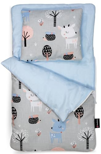 PinkZebra Puppenschlafsack beidseitig, 2-teiliges Set für kleines Puppenbett, Puppenbettzeug aus Baumwolle, für Puppen, Puppenbettzeug mit Kissen für Puppenbett, Bambi