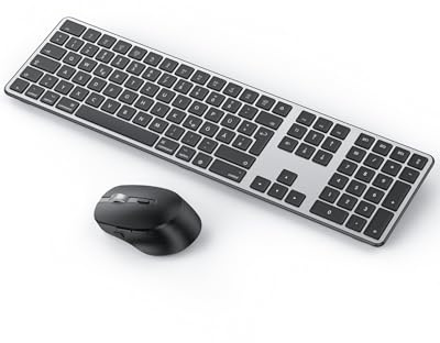 OMOTON Tastatur Maus Set Kabellose MacBook Air/MacBook Pro/iMac/iMac Pro/Mac mini, Bluetooth Funktastatur QWERTZ mit Maus Wiederaufladbar, BT1/BT2/BT3, DE Layout, Grau