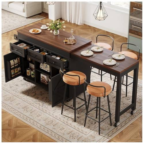 Lekvvied Isla de Cocina con Ruedas y Mesa Extensible hasta 210 cm, con cajones y Armario, Espacios reducidos, Negro
