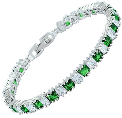 RIVA Eiswürfel Tennis Armband [18cm/7inch] mit Prinzessschliff Edelstein Zirkonia CZ [Grün Smaragd] in 18K Weißgold Vergoldet, Einfache Moderne Eleganz