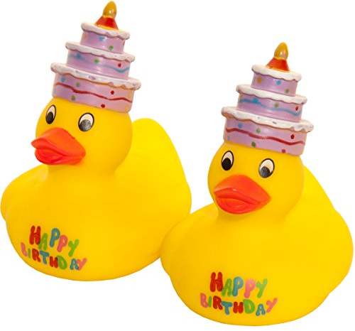 MC-Trend 2 Stück Quietscheente „Happy Birthday“ – Gelbe Badeente mit Geburtstagstorte und Schriftzug, ca. 10 cm groß, witzige Deko & Geschenkidee für Geburtstage und Partys (2 Badeenten)