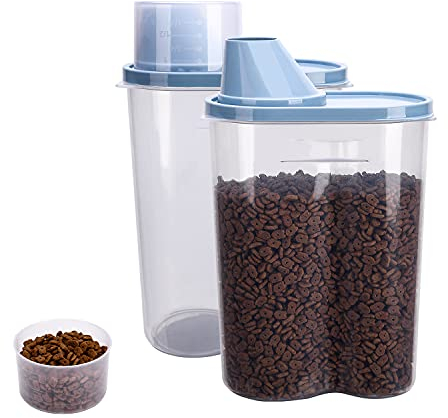 GreenJoy Lot de 2 boîtes de conservation de nourriture pour animaux de compagnie de 0,9 kg/2,5 L avec tasse à mesurer, bec verseur pour petit chien, chat, oiseau, tortue, rangement étanche (bleu)