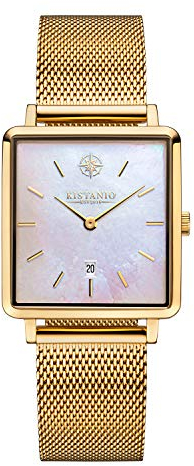Kistanio Carre Damenuhr mit Milanaiseband Datum Edelstahl Goldfarben Perlmutt Saphirglas CAR-GO-PM-M