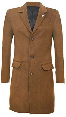 Tru Clothing Mens 3/4 Long Wool Brown Crombie Overcoat Jacket Blinders Trench Slim Fit Coat 44