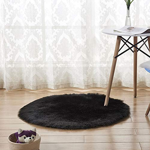 Faux Lammfell Schaffell Teppich für Stuhl Sofa Wohnzimmer Schlafzimmer Runder Longhair Fell Optik Nachahmung Wolle Teppich für Home Decorator Schwarz Diameter 40CM
