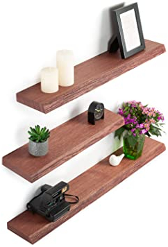 Rikmani Wandregal Holz Eiche massiv rot - Handgefertigtes Regal mit Baumkante Bücherregal Holzregal Wandboard Leo (rot) 60 cm