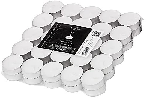 EDZARD Lot de 50 bougies chauffe-plat blanches en cire de qualité supérieure - Cup en aluminium - Diamètre : 39 mm - Sans parfum - Durée de combustion : 4 heures