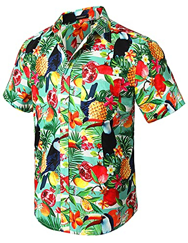 HISDERN Männer Funky Hawaiian Bird Ananasbaum Shirts Kurzarm Vordertasche Urlaub Sommer Aloha Beach Casual Mint Green Hawaii Shirt