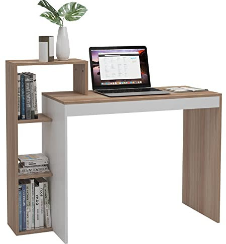 DlandHome Computertisch klein Schreibtisch mit Regal 90cm Schreibtisch Holz Laptop PC Tisch, Bürotisch Schreibtisch mit Stauraum Arbeitstisch für Zuhause Arbeitszimmer/Büro Nussbaum/Weiß