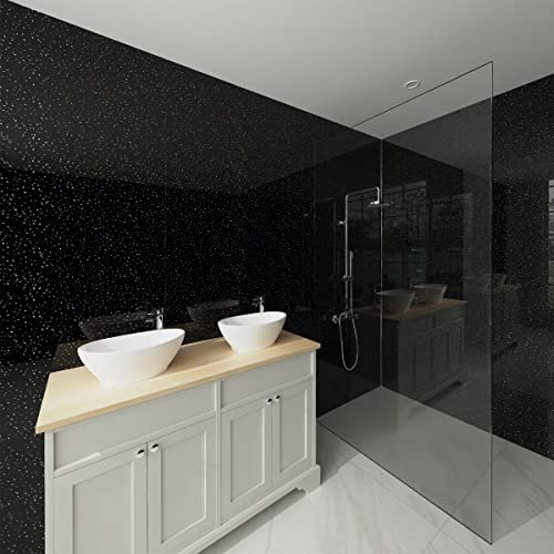 NRG 1m Wide x 2.4m Long x 10mm Large Bathroom Wall Cladding Ceiling PVC Shower Wet Wall Panel Black Sparkle Gloss 2PCS