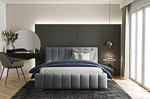 WFL GROUP Samtstoff Polsterbett Doppelbett Komplett 140x200 160x200 180x200 cm Grau Bettgestell Mit Bettkasten Lattenrost und Kopfteil - Hydrophobe Stoff - Dunkelgrau - 180 x 200 cm