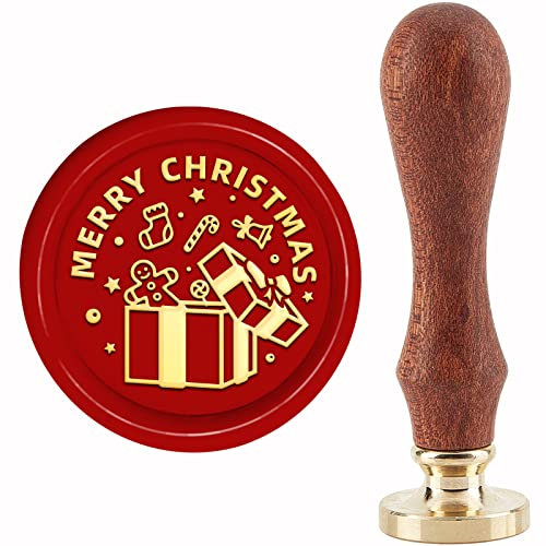 CRASPIRE Weihnachts-Wachssiegel-Stempel, Merry Christmas, Siegelwachs, Geschenkbox, 30 mm, Retro-Vintage, abnehmbarer Messing-Stempelkopf mit Holzgriff, Erntedankfest, Geschenkverpackung