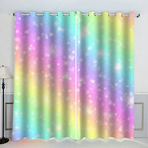 Aolity 2 Stück Gardinen Regenbogen Bunt Cartoon-Stil Vorhänge Verdunkelung Vorhang Blickdicht mit Ösen Wohnzimmer Gardinen Kinderzimmer Schlafzimmer Gardinen Kurz, 2x117x137 cm