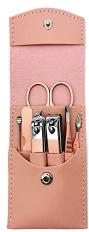 Ensemble de manucure 7 pièces avec coupe-ongles - Couleur champagne - En acier inoxydable - Avec étui en cuir synthétique rose