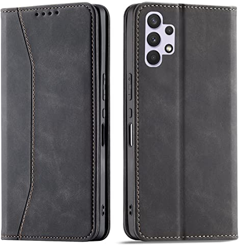 OKZone Kompatibel mit Samsung Galaxy A32 4G Hülle, Magnet Leder Tasche Handyhülle, Kartenfächer Schutzhülle, [Premium PU Leder] Flip Klappbare Stoßfeste Magnetische Standfunktion (Schwarz)