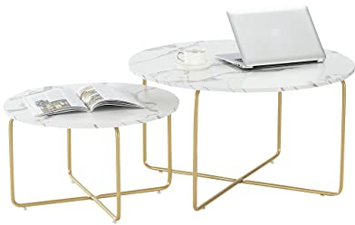 Lot de 2 tables basses en marbre - Table basse ronde - Blanc - Facile à monter