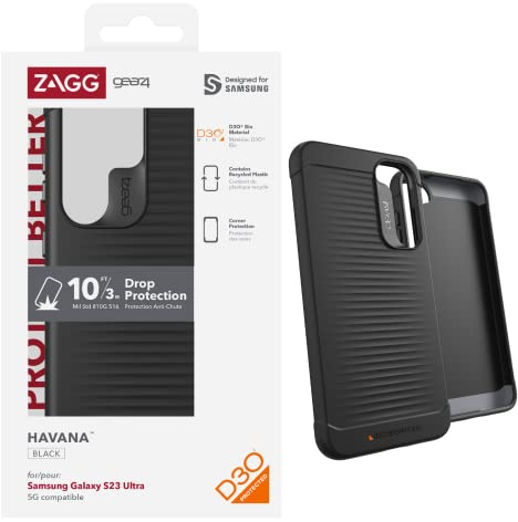 ZAGG Gear4 Havana D30 Protective Case for Samsung Galaxy S23 Ultra, 6.8in, Slim, Shockproof, Impact Protection, Wireless Charging, Lightweight, Reinforced Edges, Eco-Friendly Case, (Black)