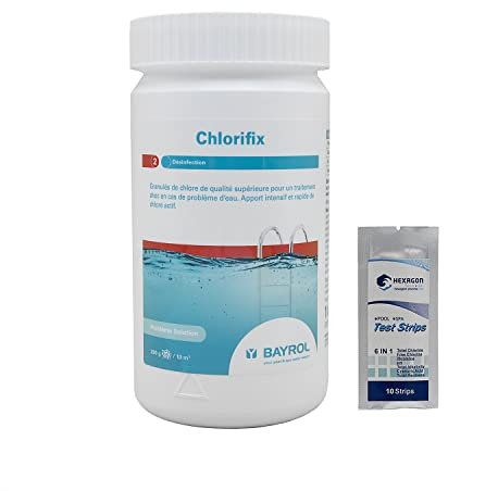 BAYROL CHLORIFIX Granulés - 1kg | Chlore Choc Stabilisé - Désinfection Choc - Dissolution Rapide + 10 Tests HPS OFFERTS 6 en 1