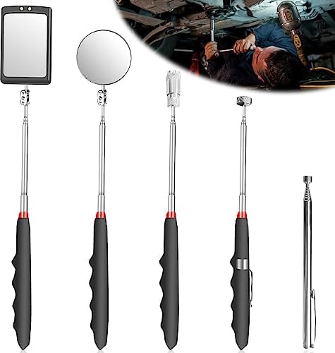Leikurvo Teleskop Inspektionsspiegel Set: 5-Teilig, Robuster Edelstahl, Multifunktional Magnetisches Aufnahmewerkzeug, LED Beleuchteter Spiegel, Für Profis Und Heimwerker (Ausziehbar 12-89cm)
