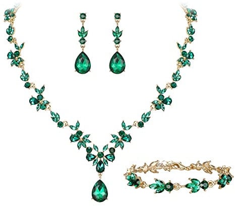 Clearine Wedding Jewellery for Women Bride Bridal Bridesmaid, Crystal Teardrop Marquise Cluster Y-Necklace Tennis Bracelet Dangle Earrings Set Emerald Gold-Tone