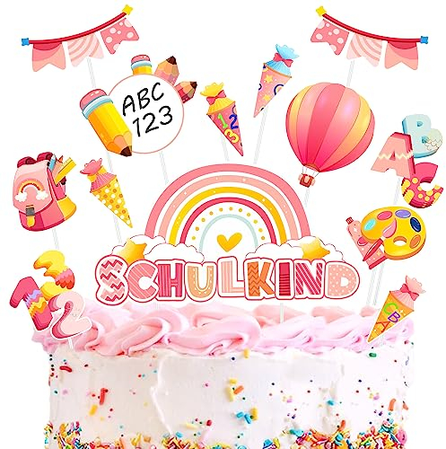 ImnBest Schulanfang Tortendeko, Tortendeko Einschulung - Cupcake Topper Dekorationen Kuchendeko Schulanfang, für Schulkind Junge Mädchen Geschenk und Tortendeko Schulanfang Party Deko. (gepudert)