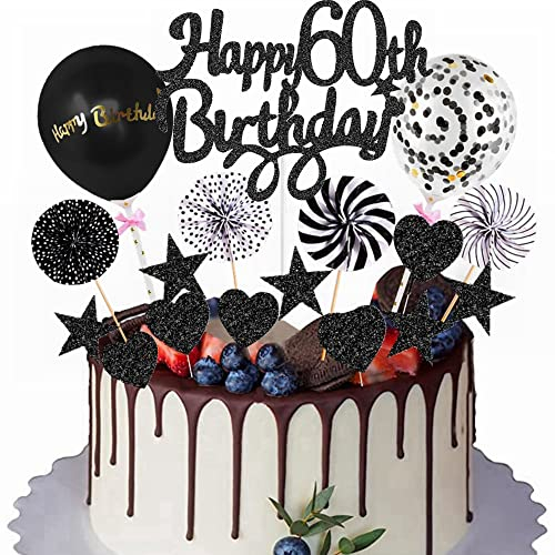 Yunchu Online Happy 60th Birthday Tortendeko Schwarz für Mann Frau - Kuchen Topper, Kuchendeko, Cupcake Toppers - 60 Jahre Geburtstag Deko