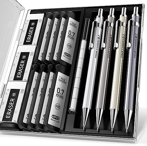Four Candies Druckbleistift Set, 4 Stück Minenbleistift 0,7 mm, Metall Bleistifte mit 8 Tuben HB #2 Blei, 3 Stück 4B Radiergummi und Etui, Druckbleistifte zum Schreiben und Zeichnen