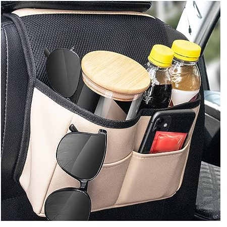JNNJ Auto KopfstüTze Leder Organizer, PU Material Auto Rücksitz Aufbewahrungstasche, Auto Innenraum Zubehör Multi Staumöglichkeiten Tasche für Telefon Becher(Beige)