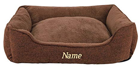 lionto Hundekissen meliert mit abnehmbarem Bezug, kuscheliges Heimtierbett mit komfortablem Einstieg für Hunde und Katzen, 75x60 cm, weiches Hundebett mit rutschfestem Boden, braun (Namensaufdruck)