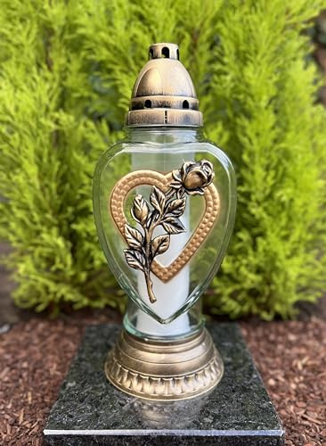 Grablampe mit einem Blumen und Herz Motiv Grablicht Grableuchte Grablaterne 31,5 H. cm Grabdekoration inkl. 1 x Kerze Gratis NEU