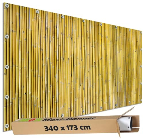 TRIOSK Sichtschutz Garten Dekoration Plane groß mit Motiv Bambus Stäbe Zaun Optik Motivbanner Blickdicht für Terrasse Gartenzaun Gartenposter PVC Zaunblende 340x173 cm Beige